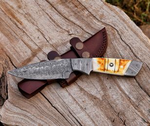 9.5" Custom Handmade Damascus Steel Hunting Skinning Knife Bone