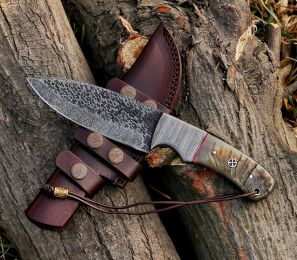Custom Handmade Hammered Damascus Steel Hunting Skinning Knife