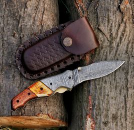 8.9" Damascus Steel Custom Handmade Folding Pocket Knife