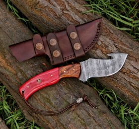 9" Gut Hook Damascus Steel Custom Handmade Hunting Skinning Knife