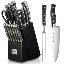 D.Perlla Knife Set, 16 Pieces German Stainless Steel Knife Set with Block and Wooden Handle, Black