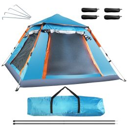 4-5 Person Camping Tent Outdoor Foldable Waterproof Tent with 2 Mosquito Nets Windows Carrying Bag for Hiking Climbing Adventure Fishing (Color: Blue)