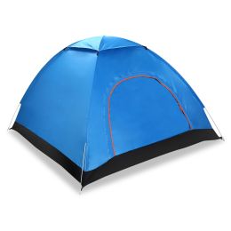 4 Persons Camping Waterproof Tent Pop Up Tent Instant Setup Tent w/2 Mosquito Net Doors Carrying Bag Folding 4 Seasons (Color: Blue)